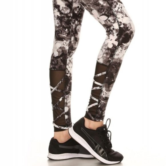 BLACK/GREY/PINK FLORAL MID-RISE LEGGING W/ STRAPPY MESH PANELS #7L18-02 - Picture 7 of 13